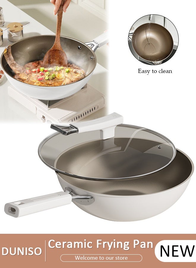 DUNISO Titanium Ceramic Lightweight Frying Pan Skillet Thickened Bottom,30cm Healthy Non-Stick 0 Fluorine Washable Coating Pans with Heat-Resistant Hanging Handle Thickened Glass Lid,Durable Wear and High Temperature Resistance Omelette Pan Compatible with All Stovetops,Ideal Frying, Cooking, Sauteing - Image 1