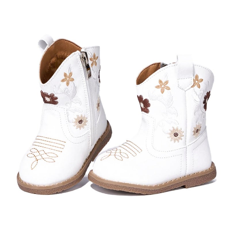Newsonet Baby Cowboy Cowgirl Boots Infant Western Boys Girls Round Toe Riding Mid Calf for All Seasons 6 9 12 18 24 Months White Size 5 Toddler - Image 1
