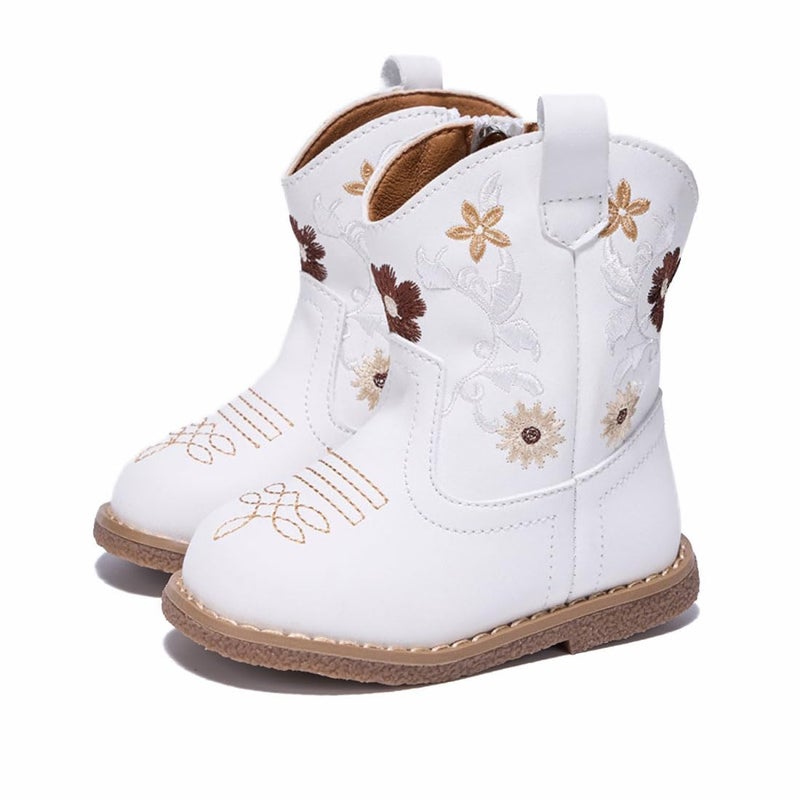 Newsonet Baby Cowboy Cowgirl Boots Infant Western Boys Girls Round Toe Riding Mid Calf for All Seasons 6 9 12 18 24 Months White Size 5 Toddler - Image 4