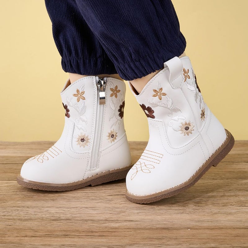 Newsonet Baby Cowboy Cowgirl Boots Infant Western Boys Girls Round Toe Riding Mid Calf for All Seasons 6 9 12 18 24 Months White Size 5 Toddler - Image 2