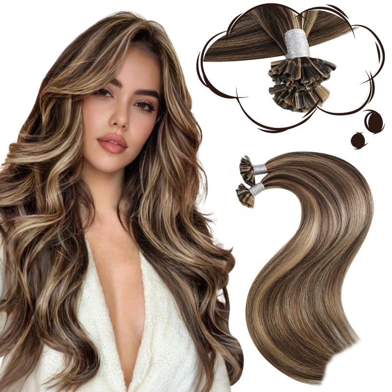 Moresoo Utip Hair Extensions Human Dark Brown with Caramel Blonde Highlight U Tip Hair Extensions Human Hair for Women Long Straight 50G50S 20 Inch