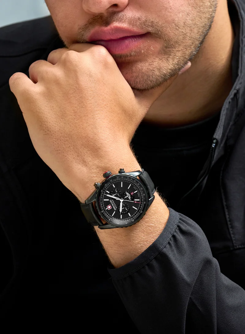 سويس ميليتري هانوا Men's Swiss Military Afterburn Chrono Watch For Men With Black Leather Strap  44mm 10ATM - SMWGC0000330