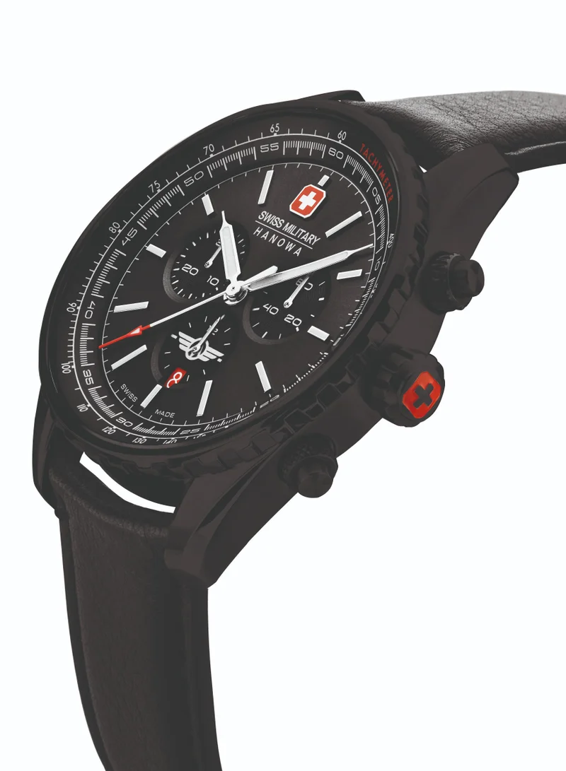سويس ميليتري هانوا Men's Swiss Military Afterburn Chrono Watch For Men With Black Leather Strap  44mm 10ATM - SMWGC0000330