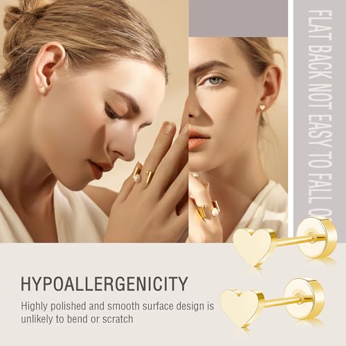 ZDE Women Earrings Flat Back Heart Earrings Men Titanium Hypoallergenic Non-Nickel Cartilage Earrings Studs for Girls Sensitive Ears Simple Classic 5mm Tiny Gold Screw On Stud Earrings - Image 5