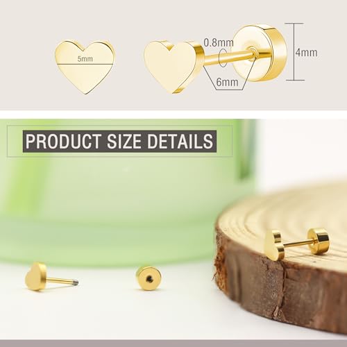 ZDE Women Earrings Flat Back Heart Earrings Men Titanium Hypoallergenic Non-Nickel Cartilage Earrings Studs for Girls Sensitive Ears Simple Classic 5mm Tiny Gold Screw On Stud Earrings - Image 2