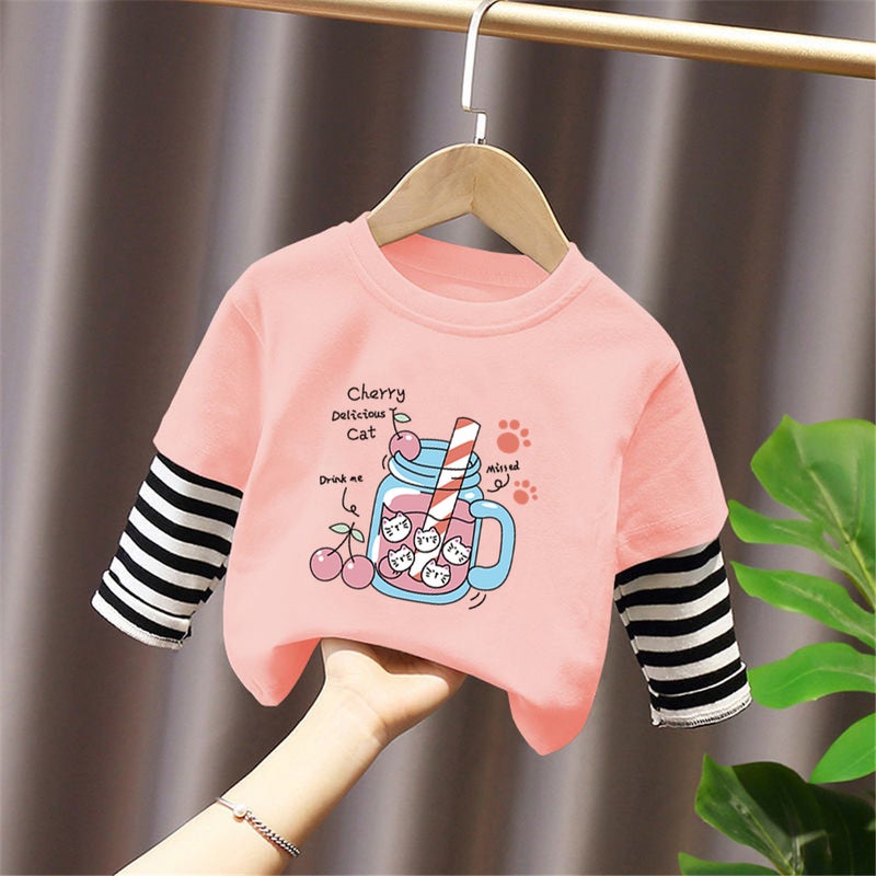 G2049# Boys And Girls Long Sleeve T-Shirt Foreign New Children'S Cartoon Cute Round Neck Base Shirt Fake Two - Image 3