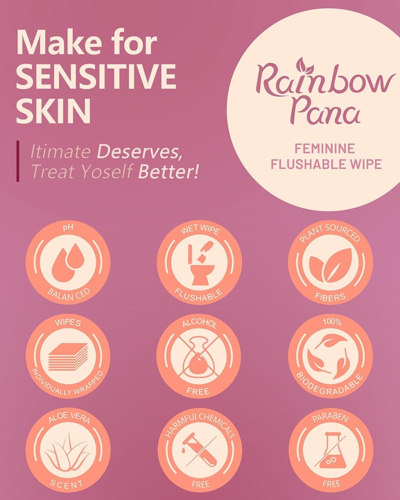 Rainbow Pana RainbowPana Feminine Wipes 120 Count ONTHEGO Individually Wrapped Flushable Wipes Travel Wipes for Women PrePostIntimacy Cleansing Aloe Portulaca Vitamin E pH Balanced Biodegradable - Image 4