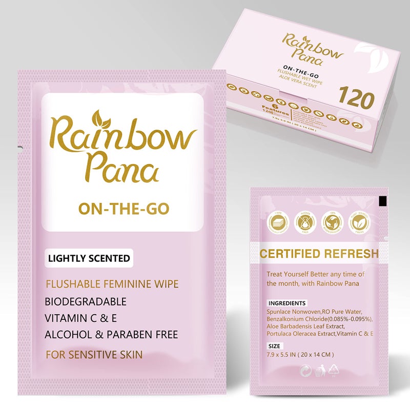 Rainbow Pana RainbowPana Feminine Wipes 120 Count ONTHEGO Individually Wrapped Flushable Wipes Travel Wipes for Women PrePostIntimacy Cleansing Aloe Portulaca Vitamin E pH Balanced Biodegradable - Image 1