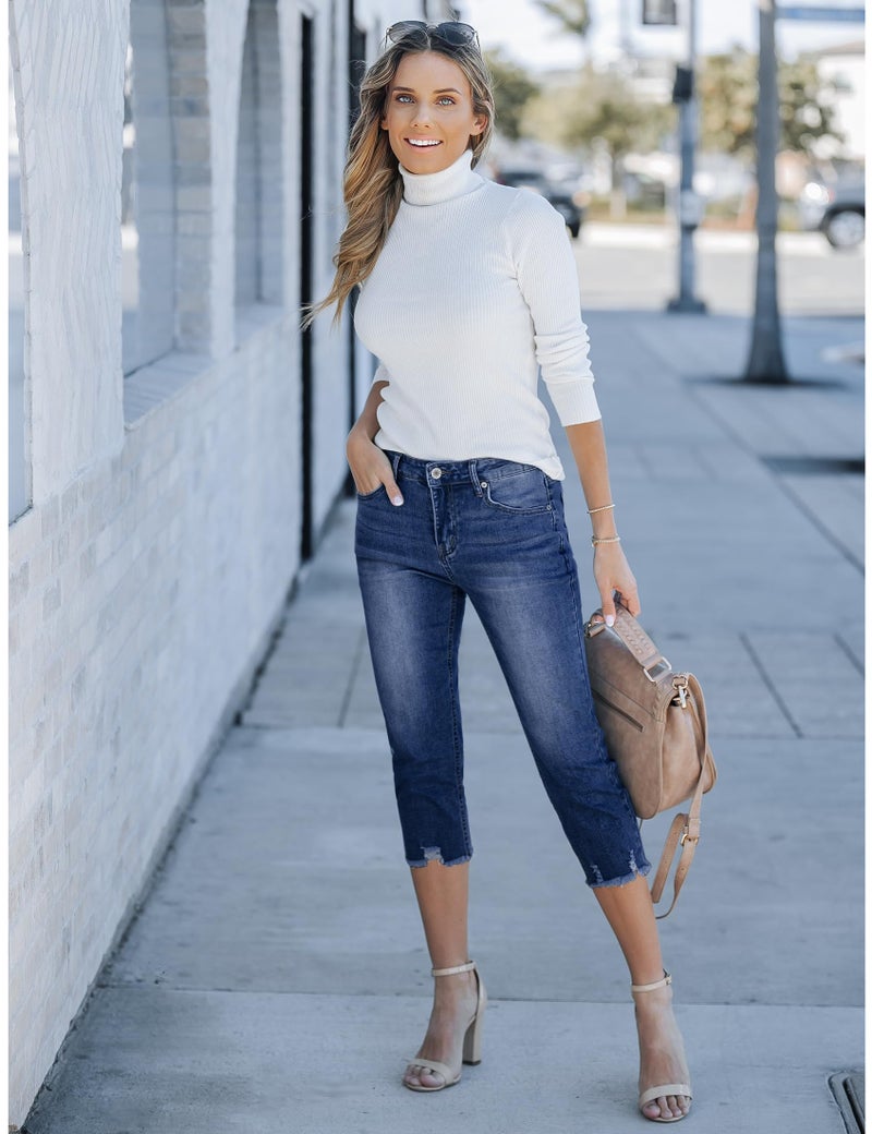 luvamia Jean Capri Pants for Women High Waisted Ripped Skinny Skinny Jeans Stretch Pants for Women Women's Blue Jeans Clothes Womens Stretch Pants Dark Blue Medium Fit Size 8 / Size 10 - Image 3