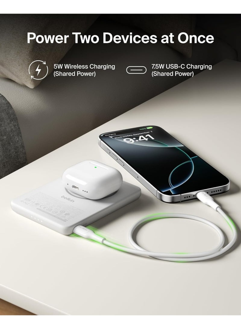 بيلكين باور بانك Belkin BoostCharge مغناطيسي بسعة ‎5000‎ مللي أمبير في الساعة، سهل الحمل، مع حلقة مغناطيسية ومنفذ ‎USB-C‎، مناسب لأجهزة iPhone وGalaxy وPixelsnap وiPad وأجهزة التابلت - به كابل ‎USB-C‎ – أبيض - Image 4