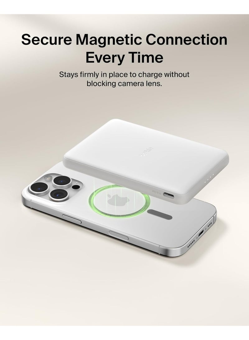 بيلكين باور بانك Belkin BoostCharge مغناطيسي بسعة ‎5000‎ مللي أمبير في الساعة، سهل الحمل، مع حلقة مغناطيسية ومنفذ ‎USB-C‎، مناسب لأجهزة iPhone وGalaxy وPixelsnap وiPad وأجهزة التابلت - به كابل ‎USB-C‎ – أبيض - Image 2