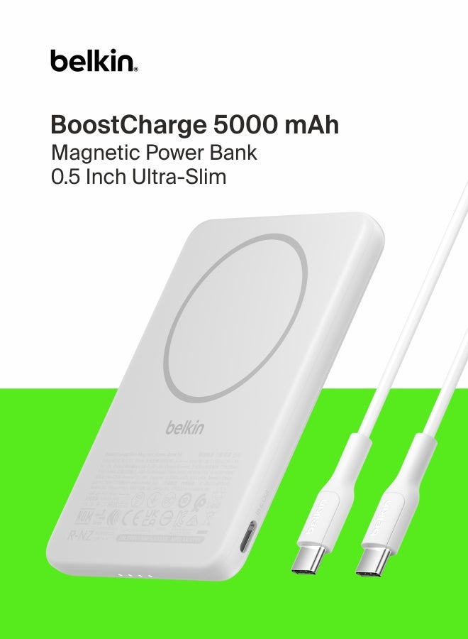 بيلكين باور بانك Belkin BoostCharge مغناطيسي بسعة ‎5000‎ مللي أمبير في الساعة، سهل الحمل، مع حلقة مغناطيسية ومنفذ ‎USB-C‎، مناسب لأجهزة iPhone وGalaxy وPixelsnap وiPad وأجهزة التابلت - به كابل ‎USB-C‎ – أبيض - Image 1