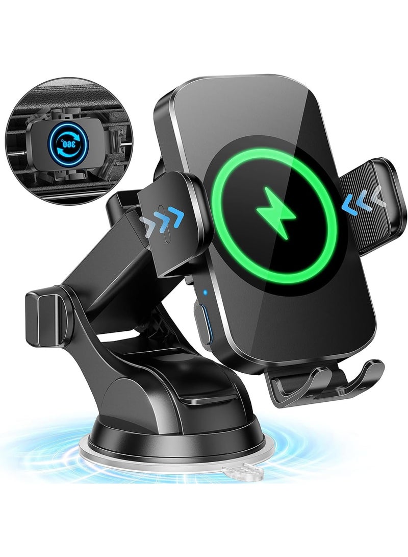 SOLARAE Wireless Car Charger, Fast Charging Phone Holder, 3 in 1 Phone Mount Auto Clamping Car Accessories, Compatible with iPhone 15 14 13 12 11 Xs XR, Samsung S23 Ultra S22 S21 S20/S10+ S9+ Note 9, Black - Image 1