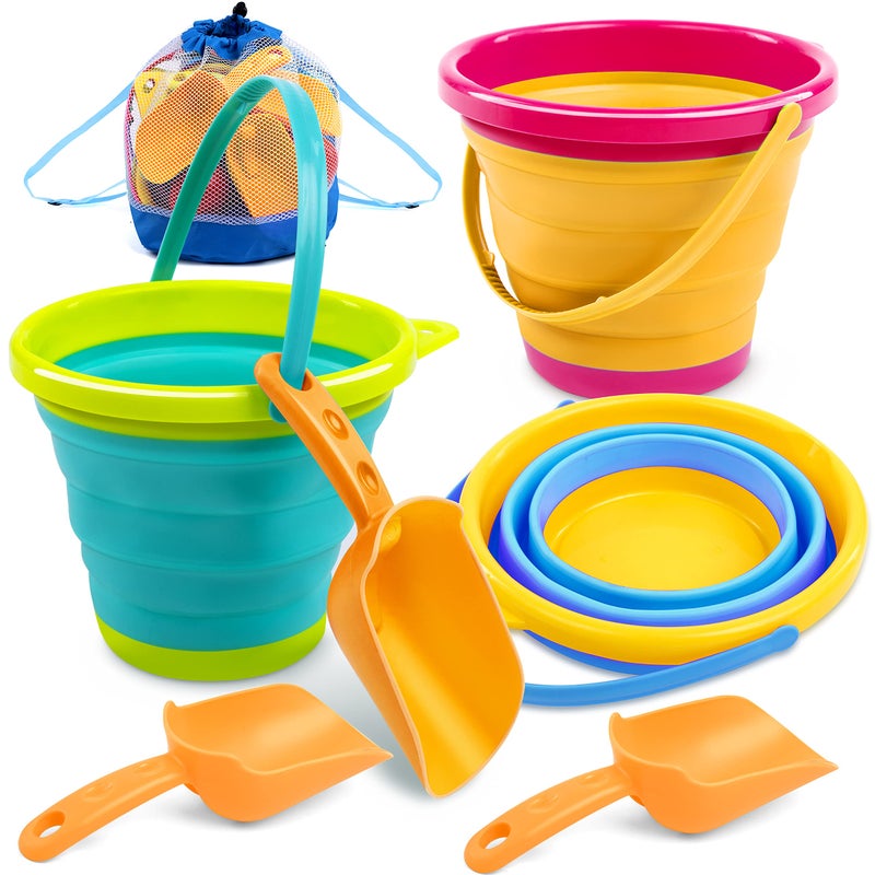 JOYIN 3 Packs Foldable Pail Bucket with Shovels & Mesh Bag, Collapsible Buckets Multi Purpose for Beach, Camping Gear, Beach Party, Fishing, and Fun Summer Activities (Yellow/Blue/Green) - Image 1
