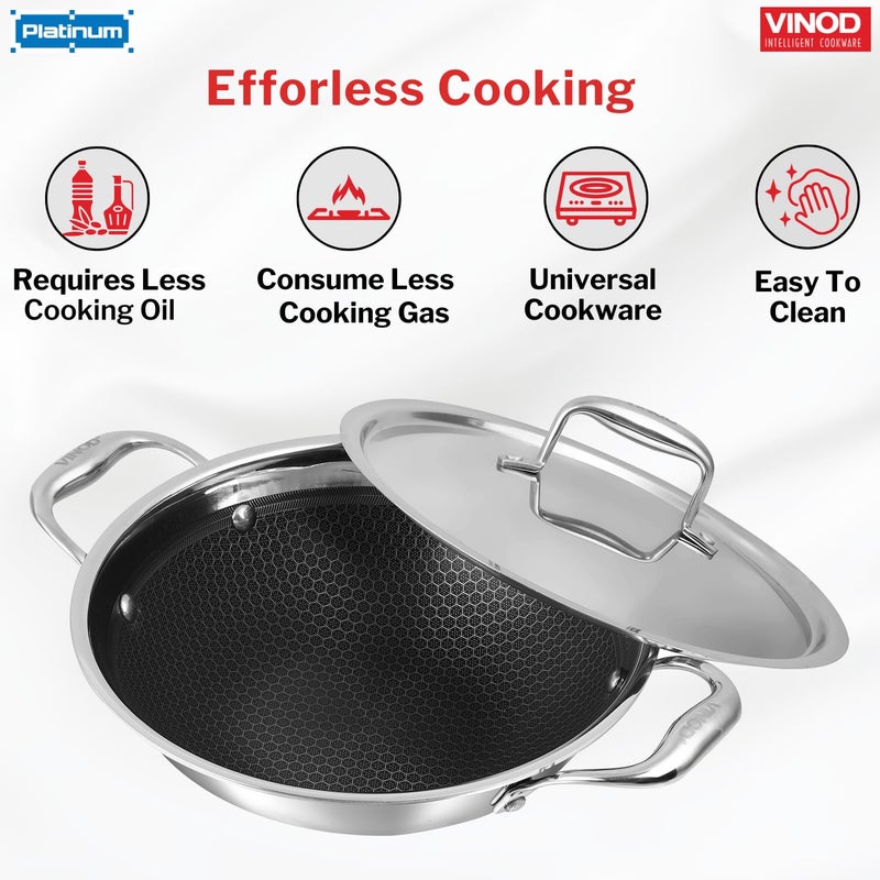 VINOD Vinod SAS Pro Platinum Stainless Steel Non Stick Extra Deep Kadai with Lid- 4.8 Litre, 28cm / Hexa Design Triply Kadhai/Ceramic Coating, Induction Base - 5 Year Warranty - Image 3