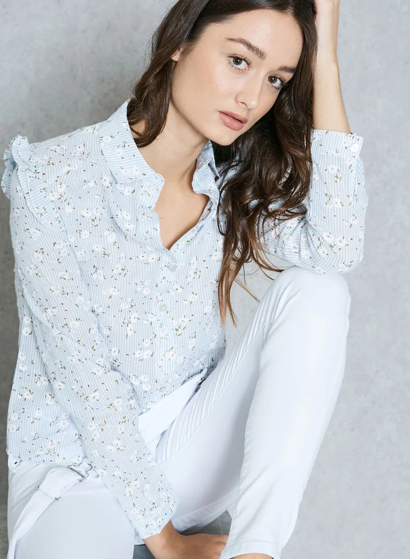 Ginger Striped Floral Print Ruffle Shirt