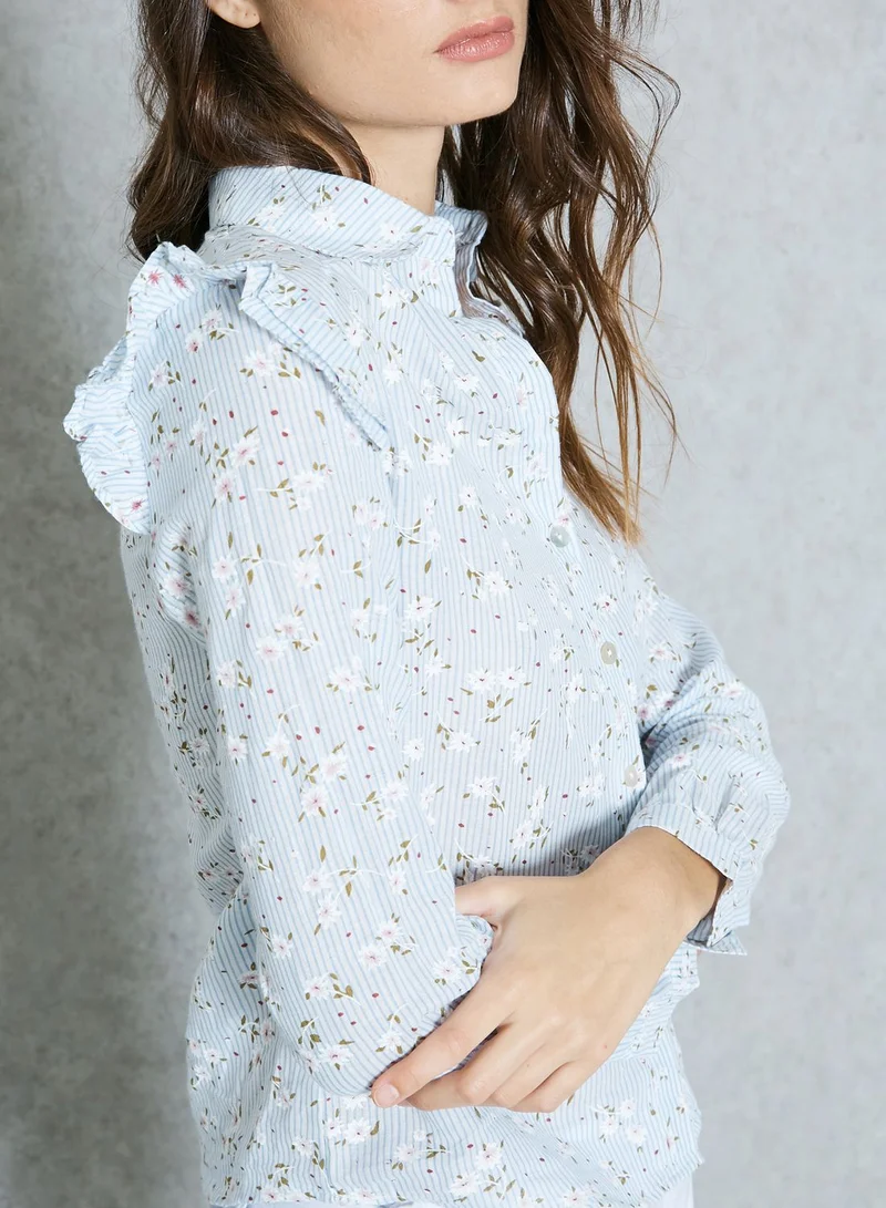 Ginger Striped Floral Print Ruffle Shirt