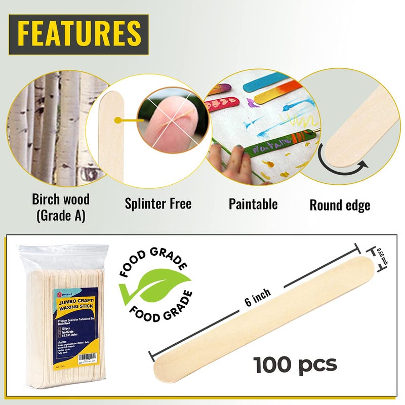APREMONT 100 Piece Large Jumbo Wooden Craft Sticks (6" x 3/4"), Premium Natural Organic Wood for Waxing, Craft Project, Tongue Depressor, Popsicle, Ice Cream Stick,Woodcraft, Paint Stirrer and Art - Apremont - Image 4