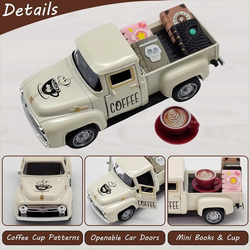 YimiBloss Coffee Bar Decor Vintage Mini Metal Coffee Truck Decor with Coffee Sign and Book Accessories for Coffee Station, Farmhouse Tiered Tray Table Decorations for Home Kitchen, Cafe (Milk White-Coffee) - Image 4