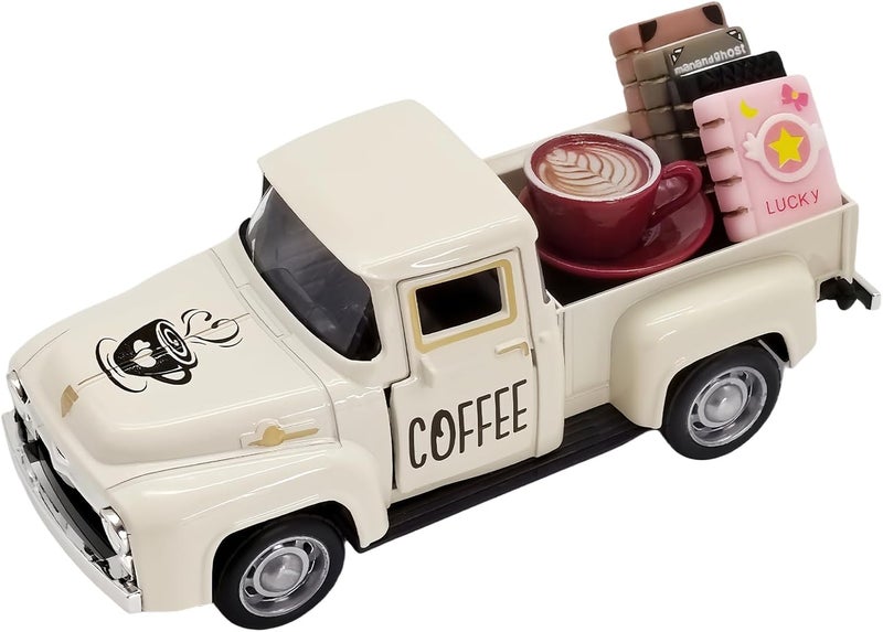 YimiBloss Coffee Bar Decor Vintage Mini Metal Coffee Truck Decor with Coffee Sign and Book Accessories for Coffee Station, Farmhouse Tiered Tray Table Decorations for Home Kitchen, Cafe (Milk White-Coffee) - Image 1
