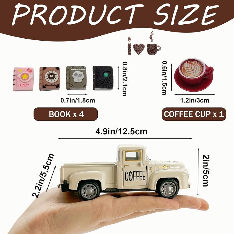 YimiBloss Coffee Bar Decor Vintage Mini Metal Coffee Truck Decor with Coffee Sign and Book Accessories for Coffee Station, Farmhouse Tiered Tray Table Decorations for Home Kitchen, Cafe (Milk White-Coffee) - Image 3