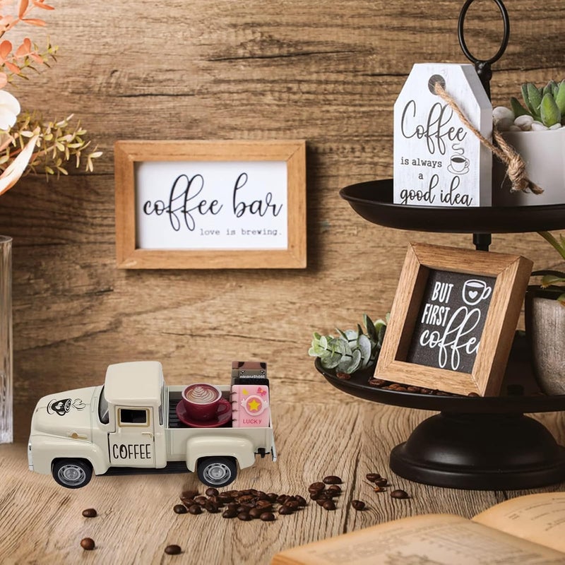 YimiBloss Coffee Bar Decor Vintage Mini Metal Coffee Truck Decor with Coffee Sign and Book Accessories for Coffee Station, Farmhouse Tiered Tray Table Decorations for Home Kitchen, Cafe (Milk White-Coffee) - Image 2