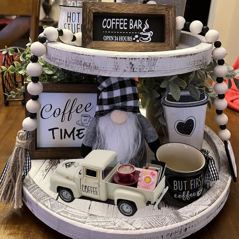 YimiBloss Coffee Bar Decor Vintage Mini Metal Coffee Truck Decor with Coffee Sign and Book Accessories for Coffee Station, Farmhouse Tiered Tray Table Decorations for Home Kitchen, Cafe (Milk White-Coffee) - Image 5