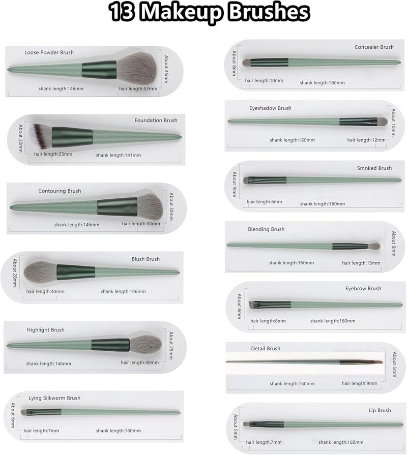 Prosopyare Makeup Brushes Set 13pcs, Makeup Brushes for Foundation, Eye Shadows, Green Brush Sets - Image 5
