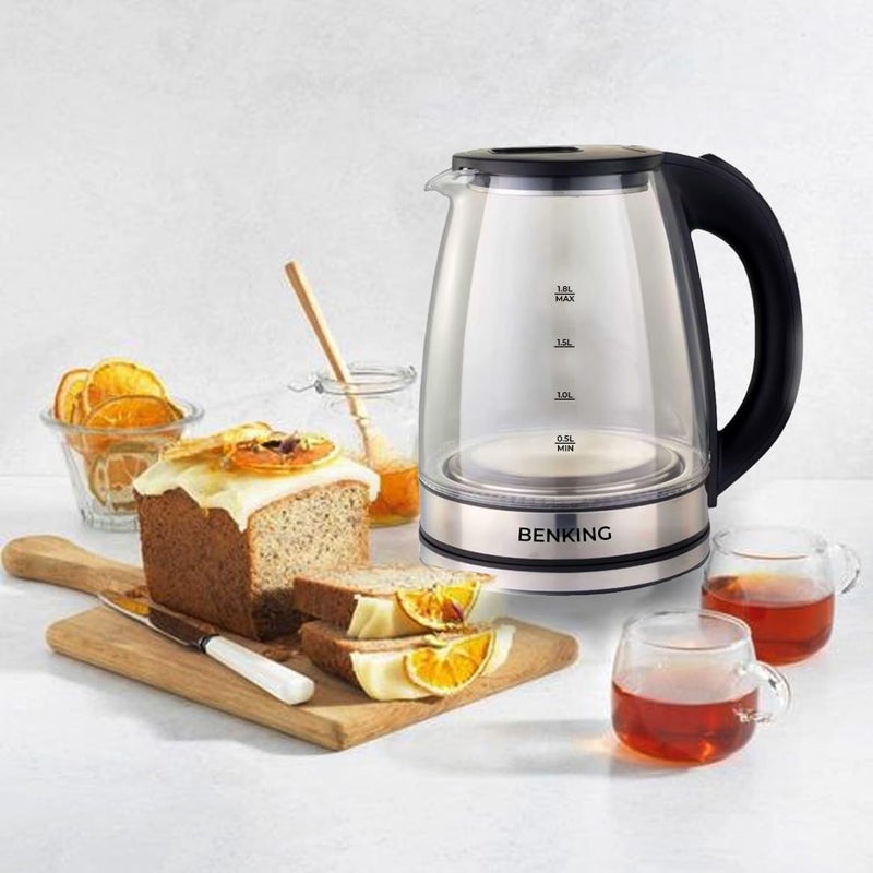 BENKING Electric Water Kettle Water Boiler Electric Auto Shutoff Double Layered Cool Touch Outer Body Cool Touch Electric Kettle Transparent (1.8L) - Image 2