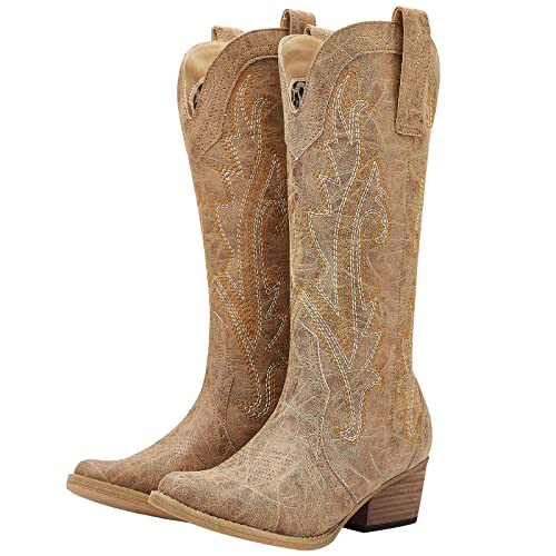 HISEA Rollda Cowboy Boots for Women, Cowgirl Boots, Comfortable Western Boots with Pointed Toe Stitched Embroidery for Country Concert Dancing Wedding Traveling Daily Outfits - Image 1