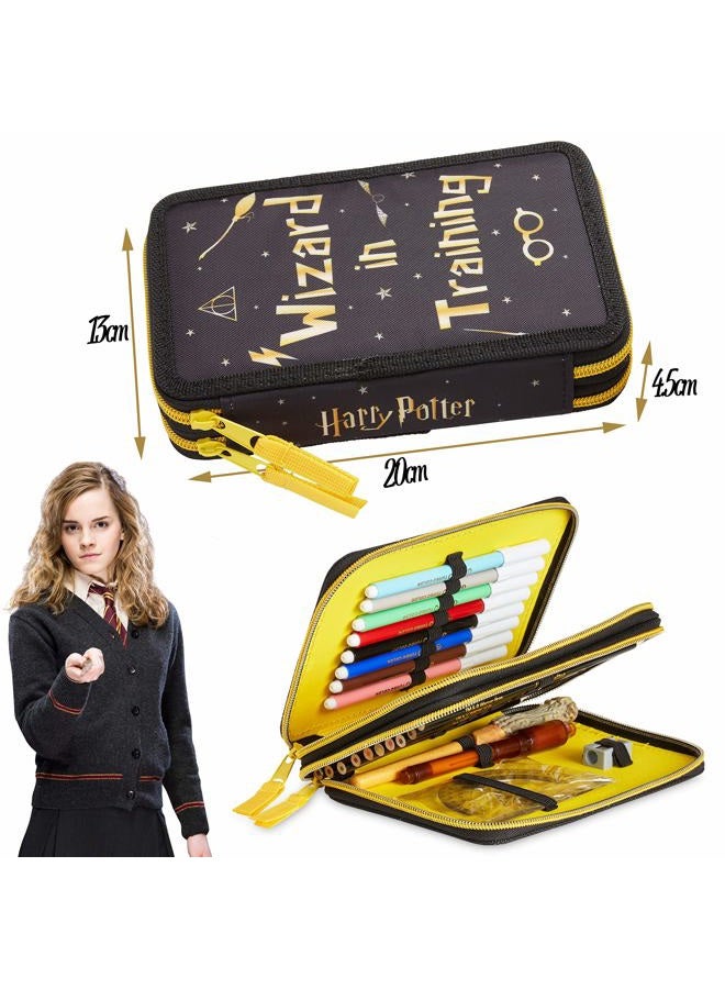 HARRY POTTER Children's Pencil Case Filled with Compartment, Coloured Pencils, Colouring Pens, School Supplies, Back to School Gift, Black/yellow, 27 Unité (Lot de 1), Modern - Image 5