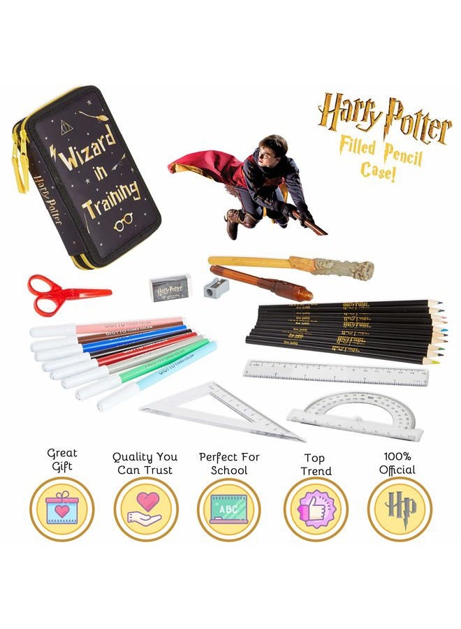 HARRY POTTER Children's Pencil Case Filled with Compartment, Coloured Pencils, Colouring Pens, School Supplies, Back to School Gift, Black/yellow, 27 Unité (Lot de 1), Modern - Image 2