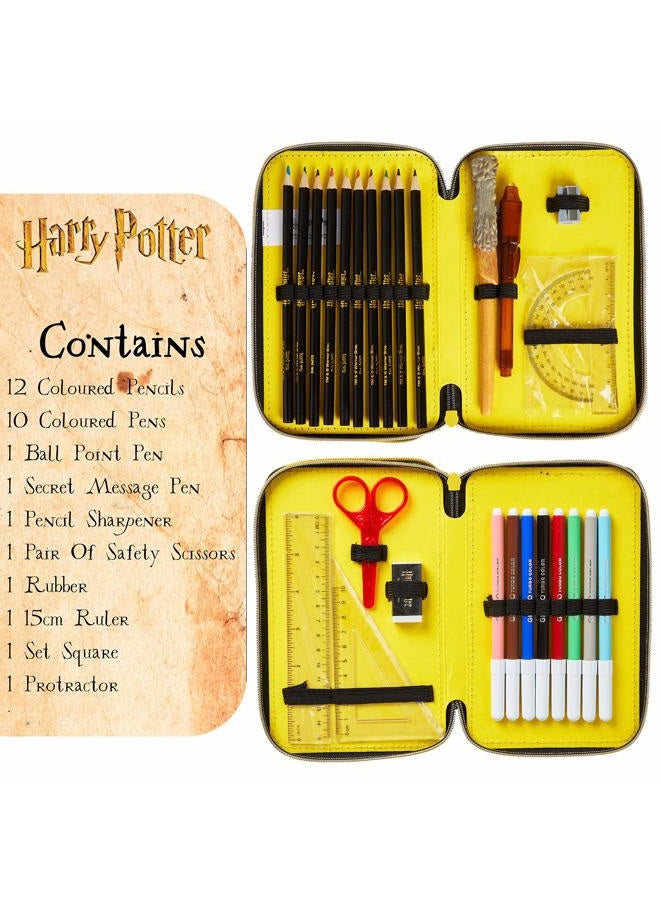 HARRY POTTER Children's Pencil Case Filled with Compartment, Coloured Pencils, Colouring Pens, School Supplies, Back to School Gift, Black/yellow, 27 Unité (Lot de 1), Modern - Image 3