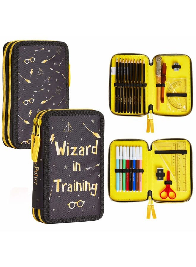 HARRY POTTER Children's Pencil Case Filled with Compartment, Coloured Pencils, Colouring Pens, School Supplies, Back to School Gift, Black/yellow, 27 Unité (Lot de 1), Modern - Image 1