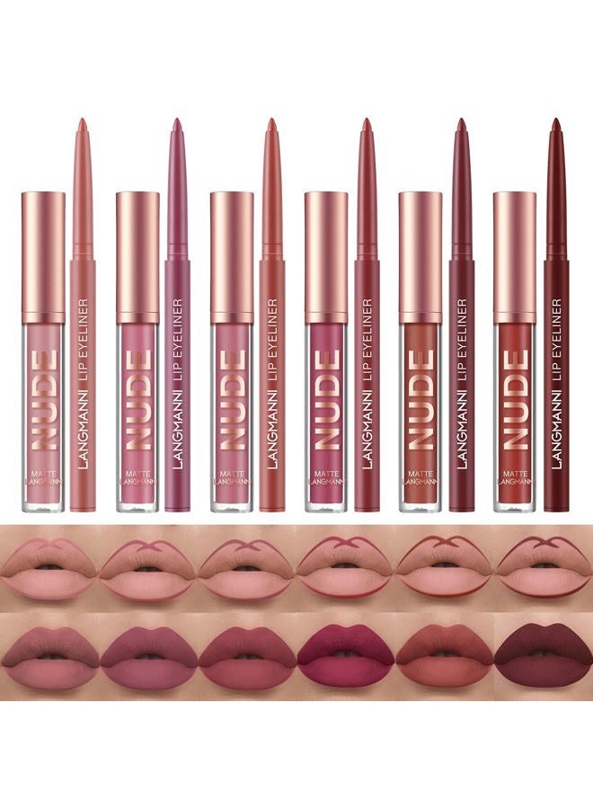 URQT 12pcs Lip Liner and Lipstick Set, 6 Velvety Matte Liquid Lipsticks + 6 Matching Smooth Lip Liner One Step Lips Long Lasting Waterproof Makeup Kits Gift Set - Image 1