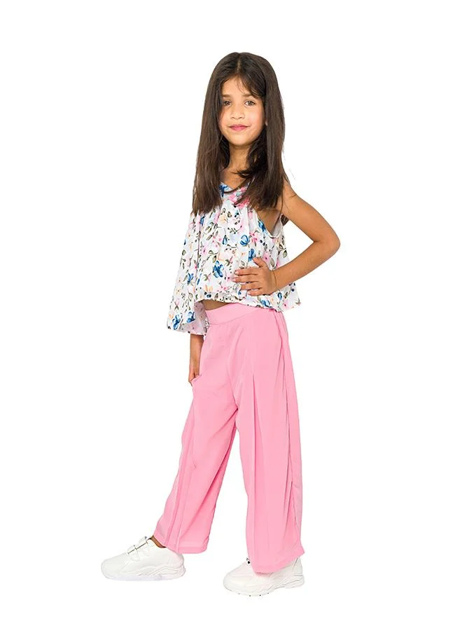 babyqlo Trendy floral asymmetrical top with pink pleated pants