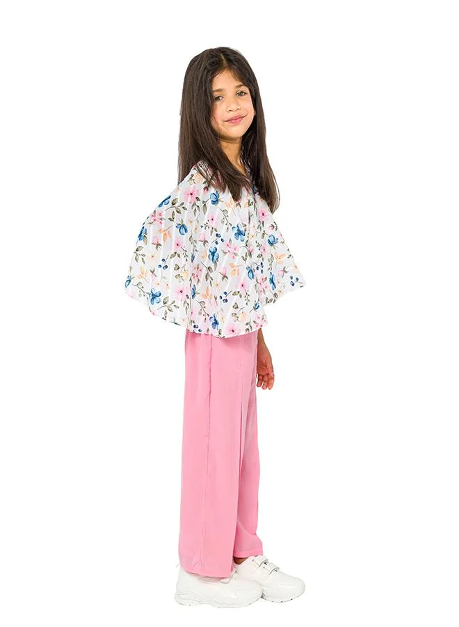babyqlo Trendy floral asymmetrical top with pink pleated pants