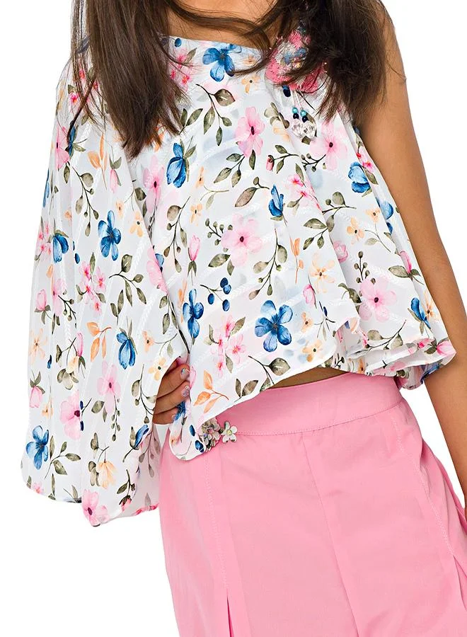 babyqlo Trendy floral asymmetrical top with pink pleated pants