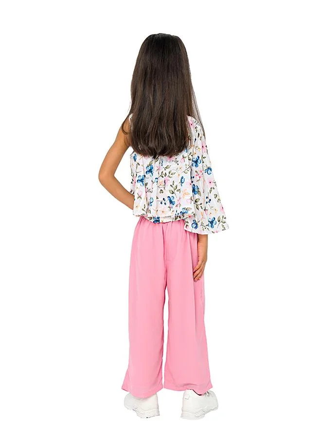 بيبي كلو Trendy floral asymmetrical top with pink pleated pants