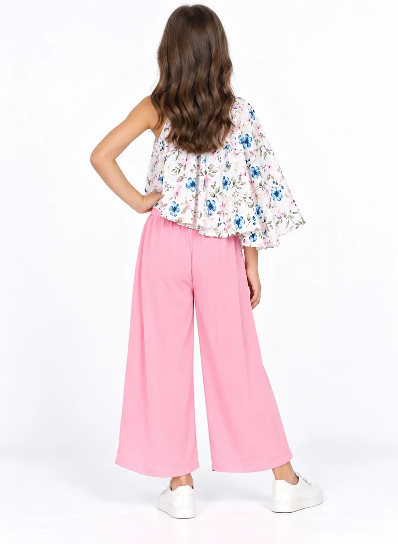 Babyqlo Trendy floral asymmetrical top with pink pleated pants