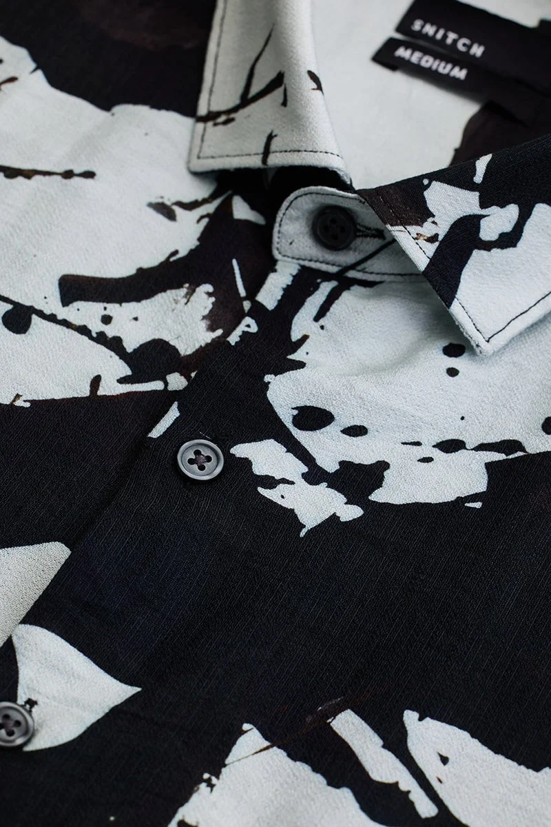 سنيتش Black Abstract Long Sleeve Slim Fit Casual Shirt