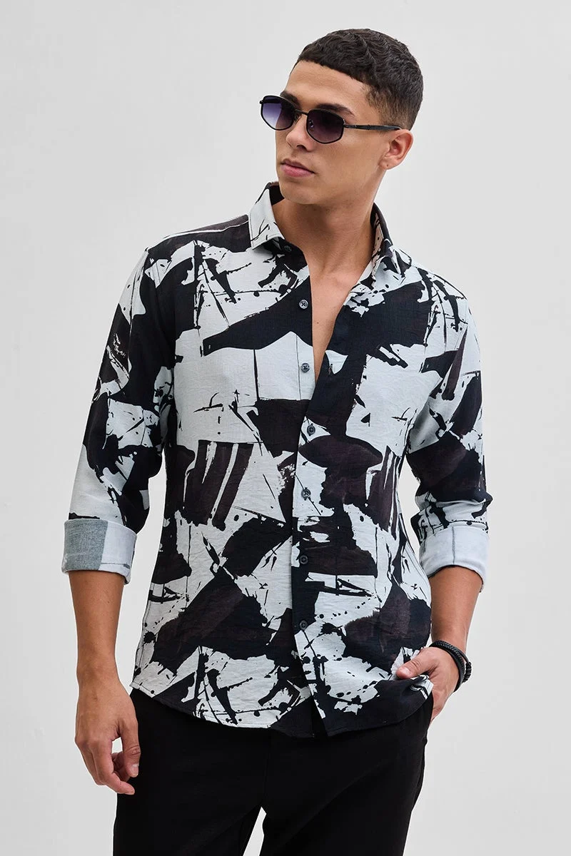 سنيتش Black Abstract Long Sleeve Slim Fit Casual Shirt