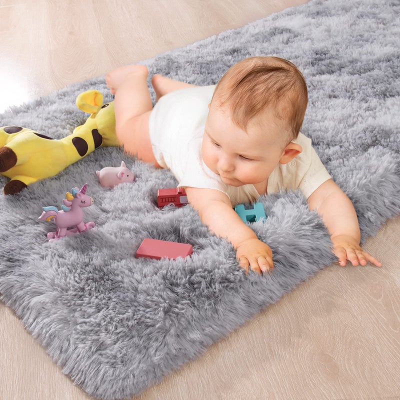 Chicrug Cute Fluffy Area Rug for Girls Bedroom, 2x6 Feet Fluffy Kids Rug for Room Decor, Shag Soft Dorm Playroom Rug, Bedside Rugs for Baby Nursery Room, Grey - Image 2