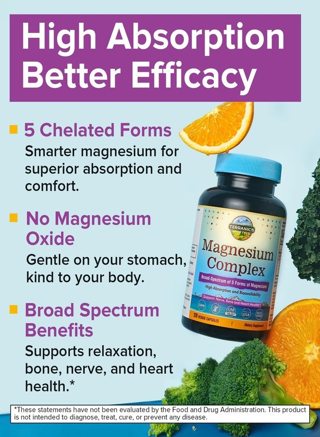 Terranics 5-in-1 Magnesium Complex Supplement 500mg - 5 Forms High Absorption Magnesium Glycinate Citrate Malate Aspartate Gluconate for Sleep Heart Health - Non-GMO 120 Vegan Capsules - Image 2
