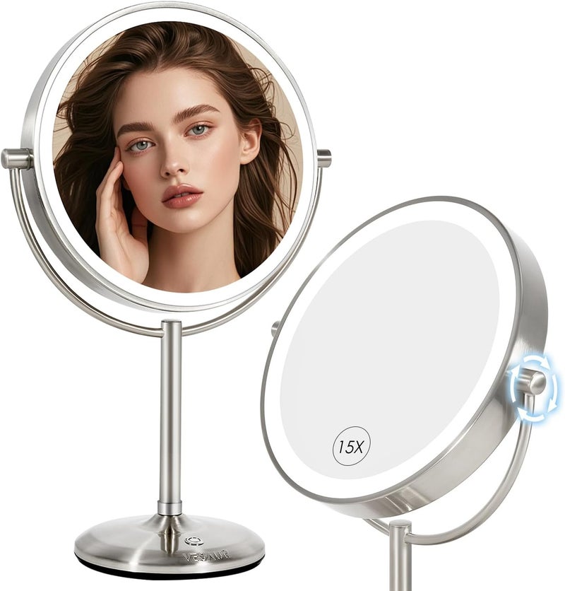 مرآة مكياج مضيئة VESAUR 15X مكبرة مع ضوء 95 كبيرة 5000mAh قابلة لإعادة الشحن مزدوجة الجوانب HD