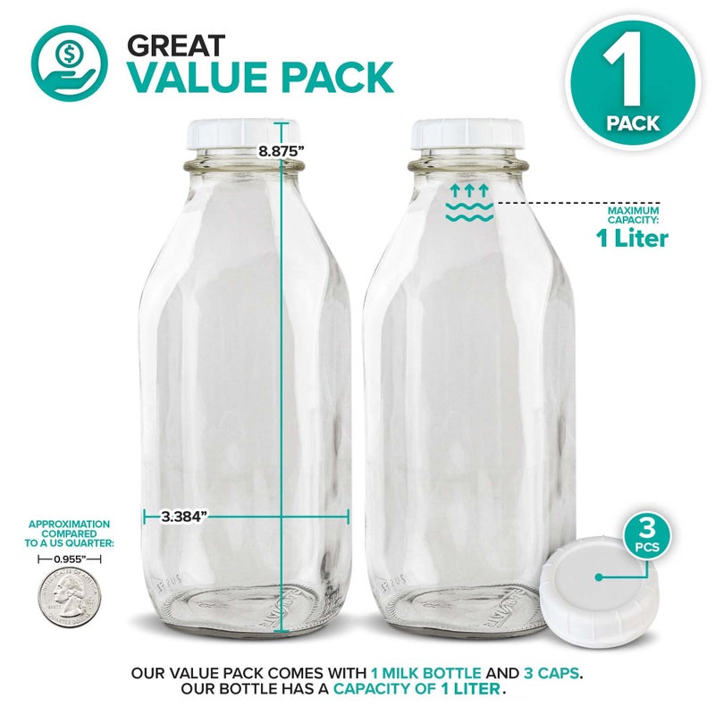 Stock Your Home Stock Your Home Liter Glass Milk Bottle with Lid (1 Pack) 32 Oz Jugs and 3 White Caps  Reusable Food Grade Milk Container for Refrigerator  Bottles for Juice  Oat or Plant Milks  Water  Honey - Image 2