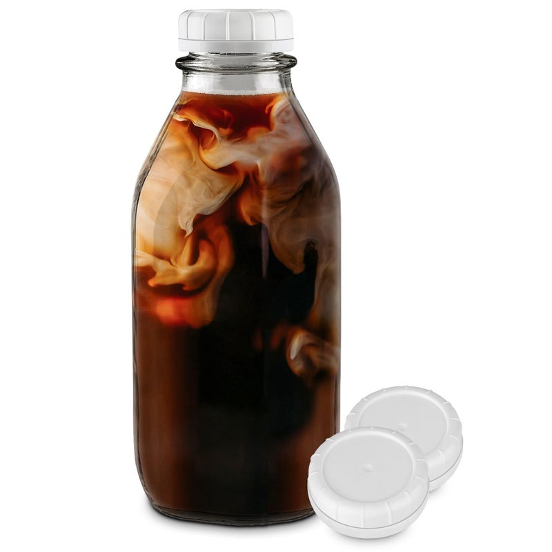 Stock Your Home Stock Your Home Liter Glass Milk Bottle with Lid (1 Pack) 32 Oz Jugs and 3 White Caps  Reusable Food Grade Milk Container for Refrigerator  Bottles for Juice  Oat or Plant Milks  Water  Honey - Image 1