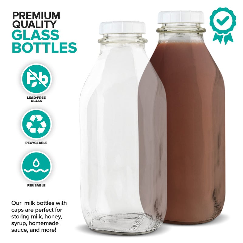 Stock Your Home Stock Your Home Liter Glass Milk Bottle with Lid (1 Pack) 32 Oz Jugs and 3 White Caps  Reusable Food Grade Milk Container for Refrigerator  Bottles for Juice  Oat or Plant Milks  Water  Honey - Image 3