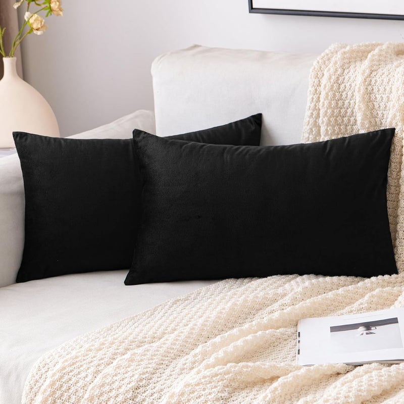 EMEMA Velvet Cushion Cover, Decorative Cushion Cover, Sofa Cushion, Lumbar Cushion, Throw Cushion Cover with Hidden Zip, Bedroom, Sofa, Set of 2, 40 x 60 cm, Black - Image 1