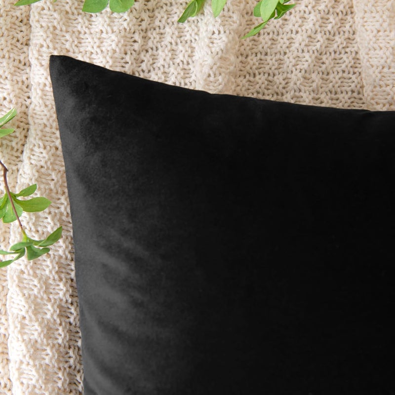 EMEMA Velvet Cushion Cover, Decorative Cushion Cover, Sofa Cushion, Lumbar Cushion, Throw Cushion Cover with Hidden Zip, Bedroom, Sofa, Set of 2, 40 x 60 cm, Black - Image 2